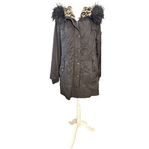 Belle Badgley Mischka Women's Medium Parka‎ Jacket Black Leopard Faux Fur Hood